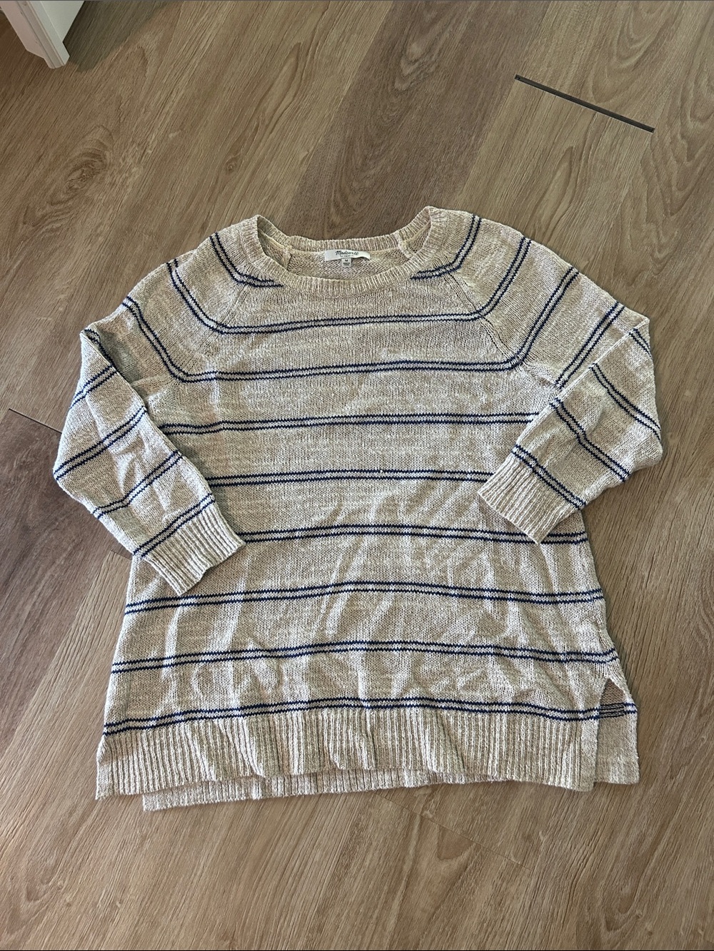 Madewell Beige Crewneck Sweater with Navy Stripe Detail